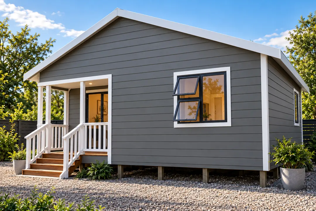 Grey Nutec house with white trim, a covered entrance and timber steps