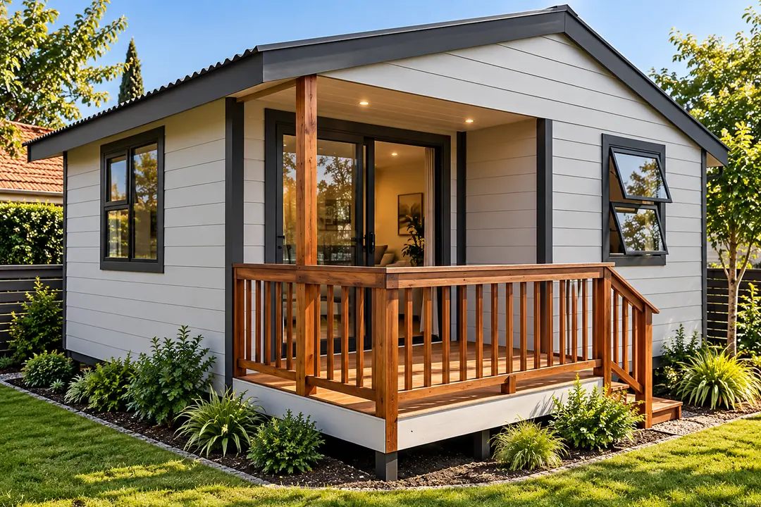 Light grey Nutec house with a raised wooden deck, balustrade and sliding door