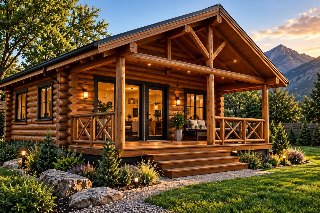 Log home with a covered veranda, cross-braced timber railings and warm interior lighting