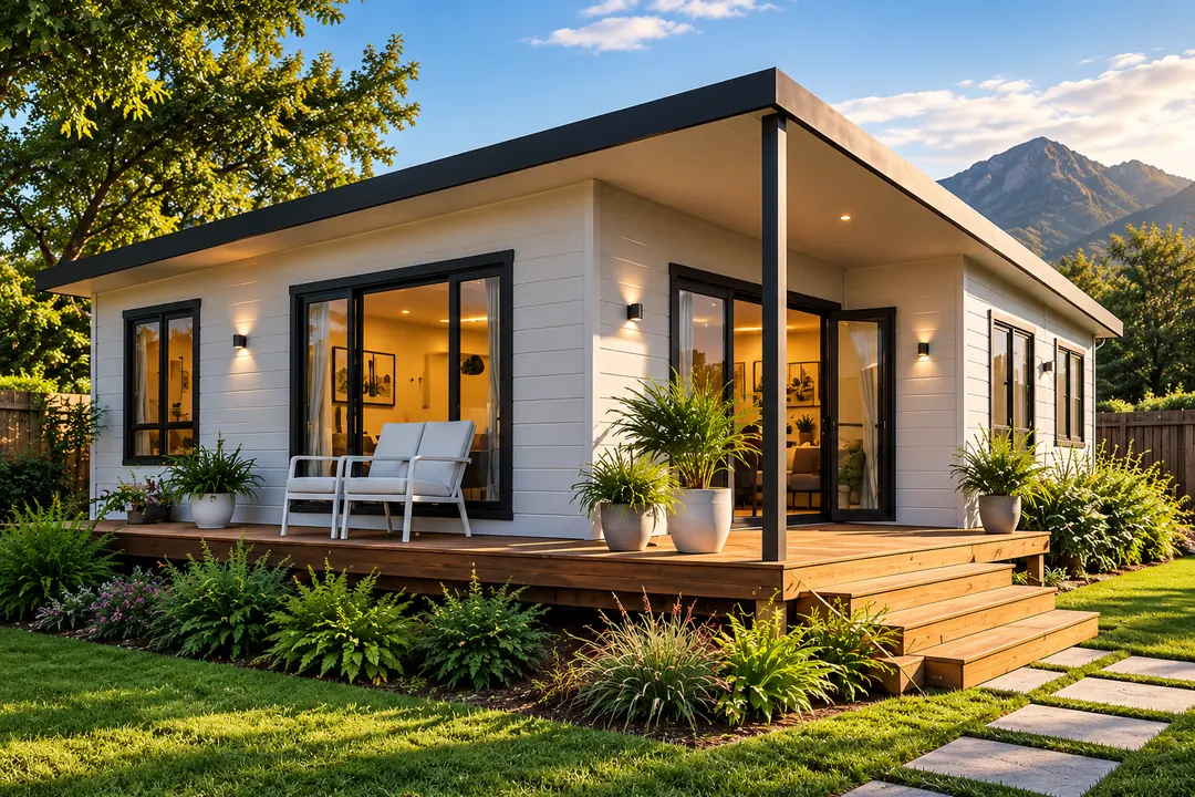 Modern white Nutec home with a flat roof, black-framed sliding doors and a timber deck