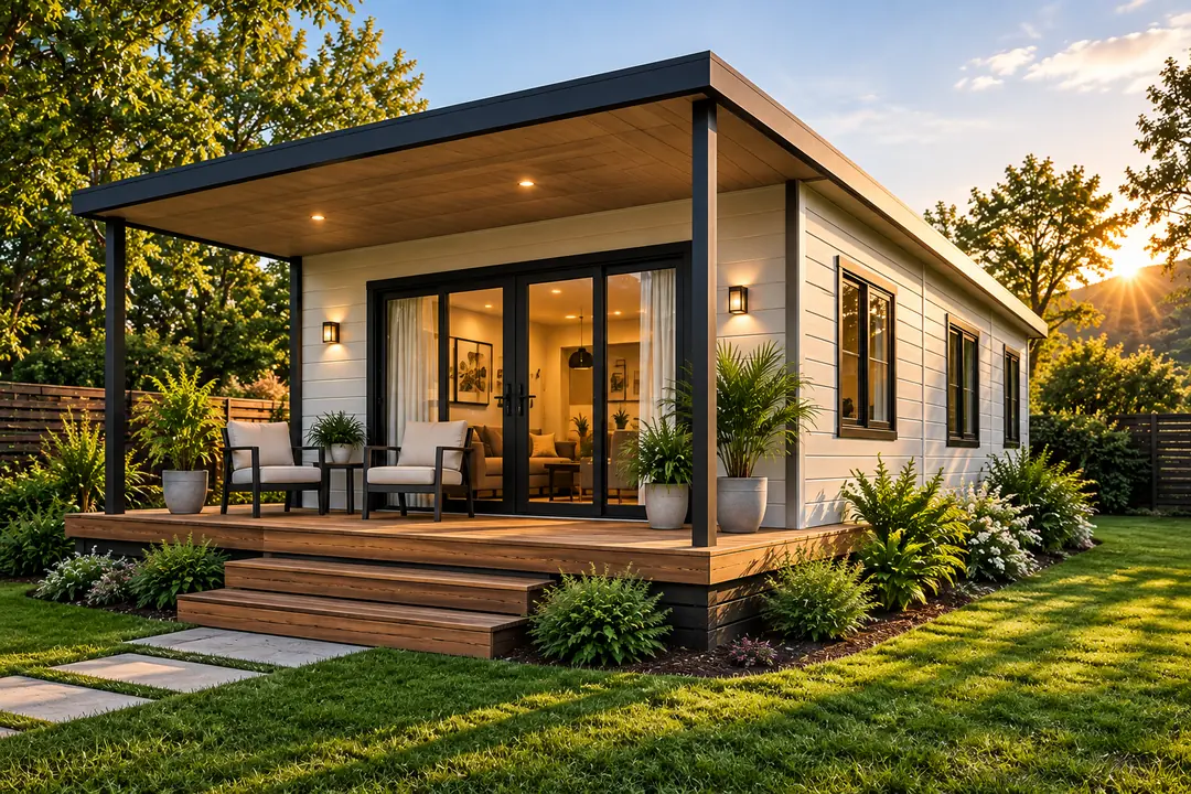 White Nutec home with a covered patio, timber ceiling and glass doors at sunset
