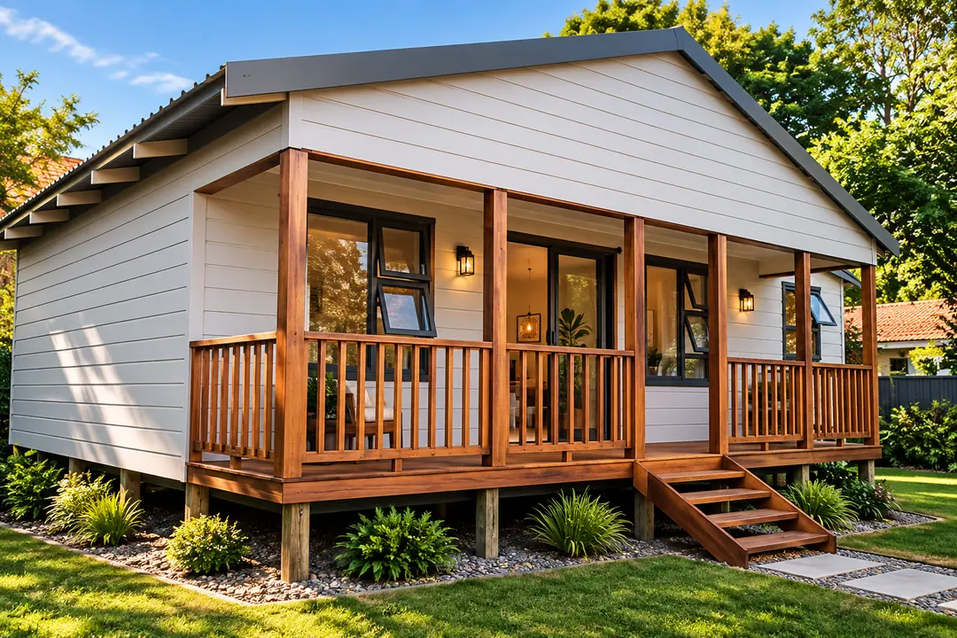 Light grey Nutec house with a long timber veranda, wall lanterns and front steps