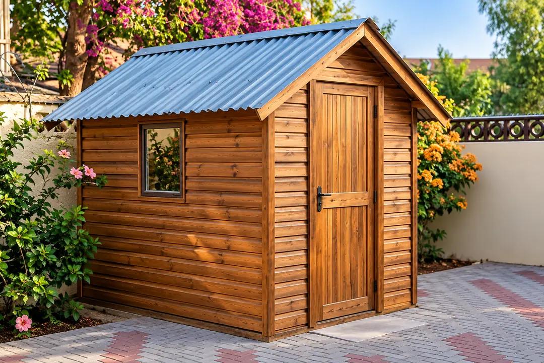 Small wooden Wendy house with a corrugated metal roof, single door and window on paving