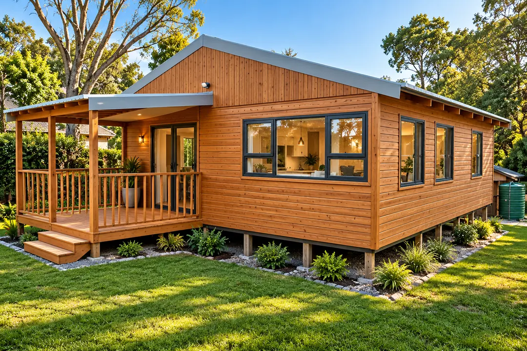 Timber-look clad home with a covered porch, large windows and a green water tank
