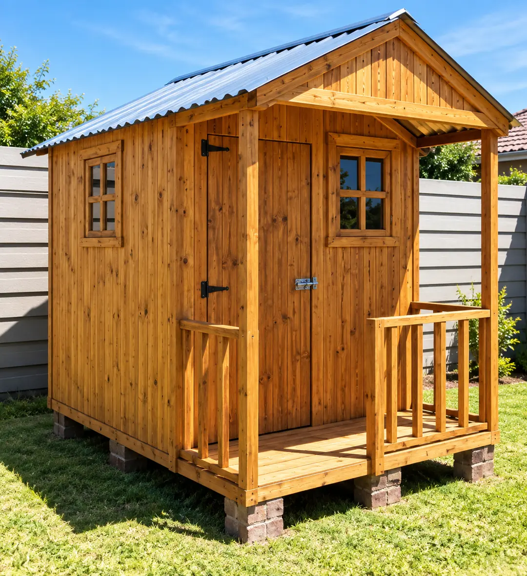 Wooden Wendy house with a small covered porch raised on brick pillars