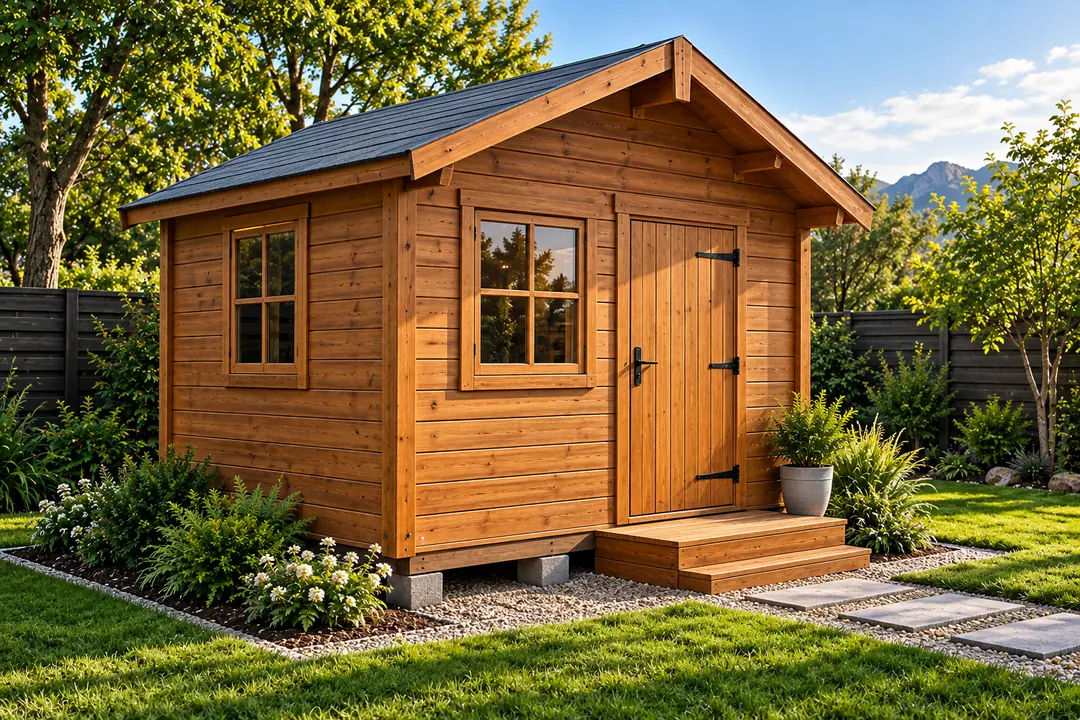 Wooden Wendy house with two paned windows and a timber step in a landscaped garden