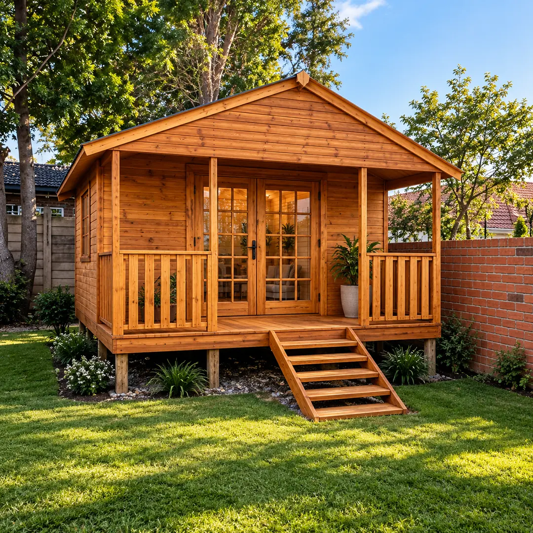 Wooden Wendy house with a front veranda, glazed double doors and timber steps